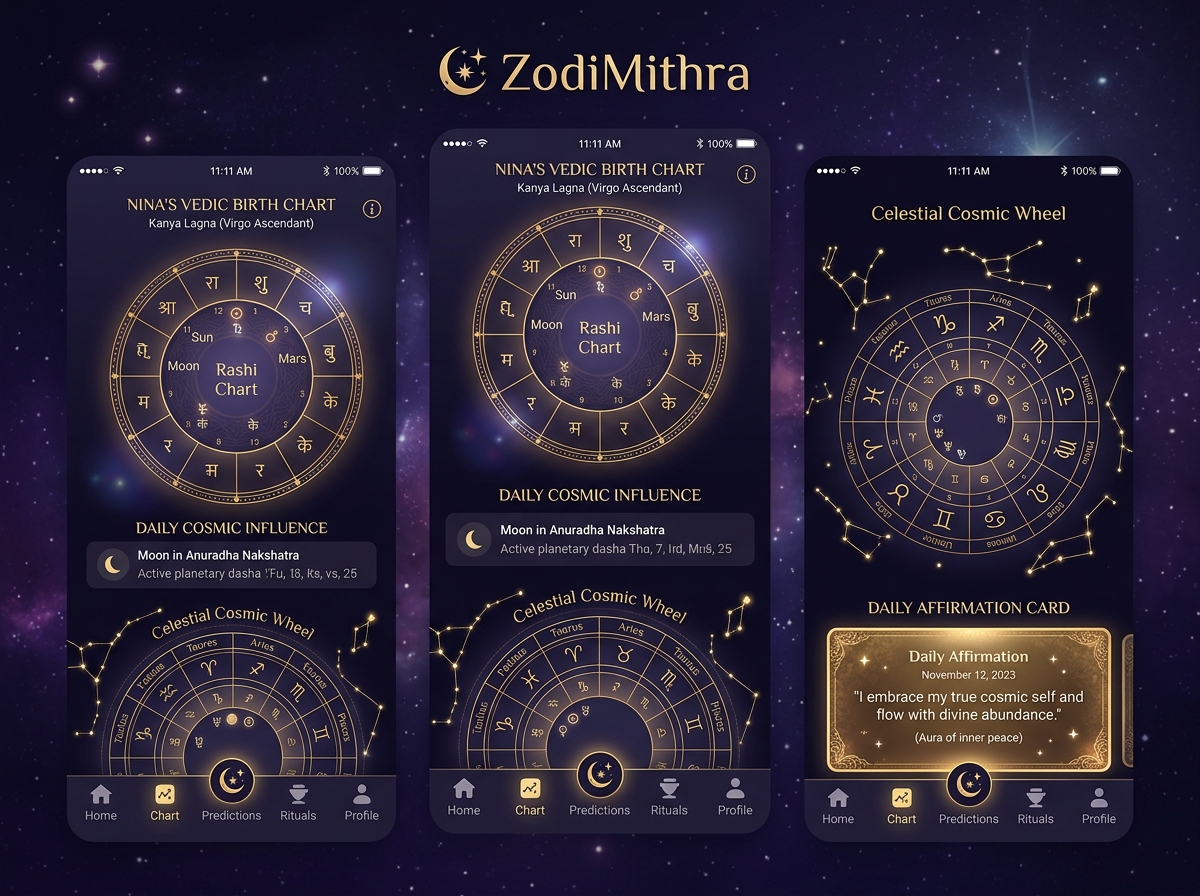 ZodiMithra App Interface — Astrological & Spiritual Wellbeing Ecosystem